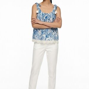 Blue Paisley Tie-Shoulder Tank with Cream Lace Hem